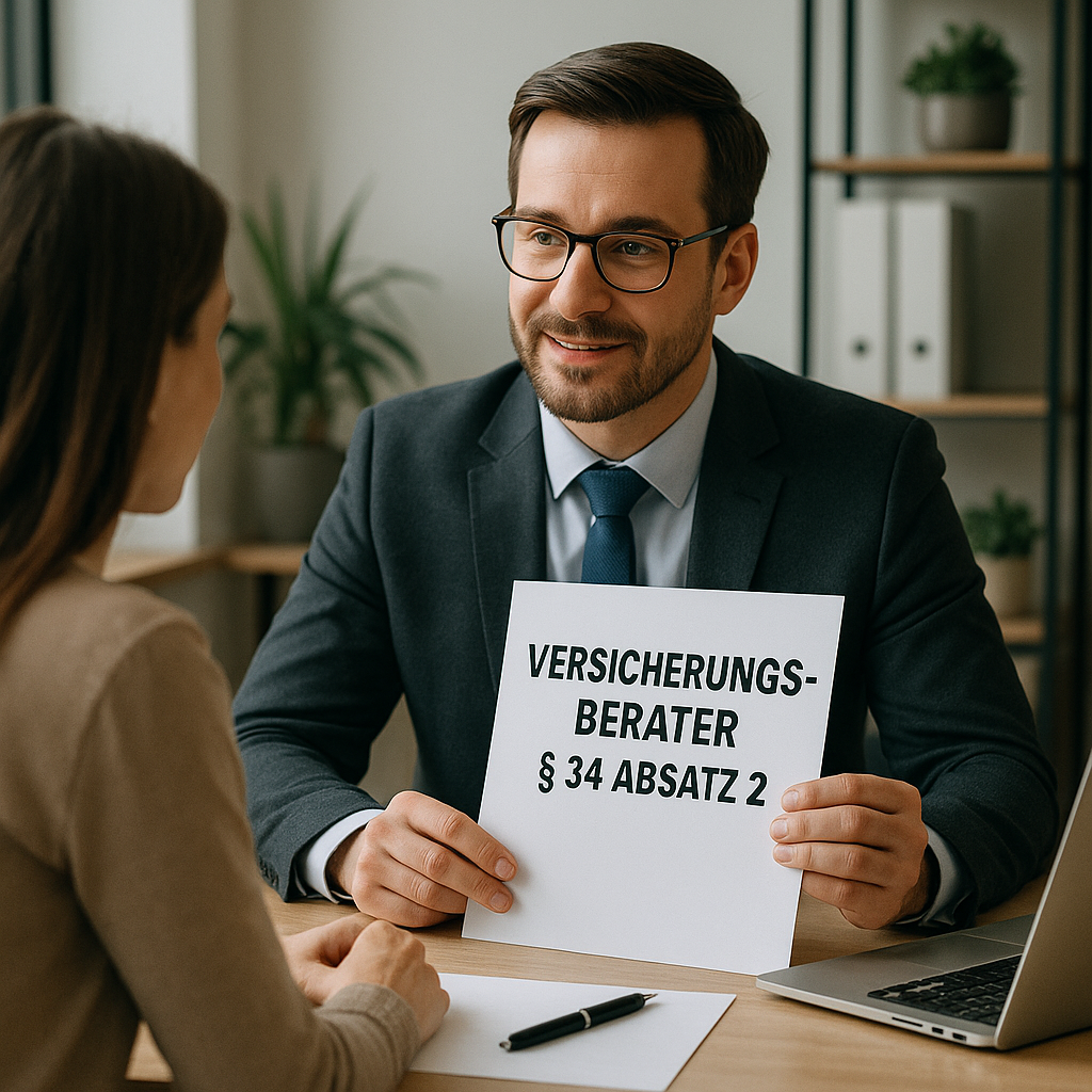Erstelle ein Bild welches echte Versicherungsberater nach 34 Absatz 2 in einem Beratungsgesprch zeigt Das Bild soll absolute Unabhngigkeit von Maklerpools Versicherungsgesellschaften und Produktgebern symbolisieren und nur die Interessen des Verbrau-1